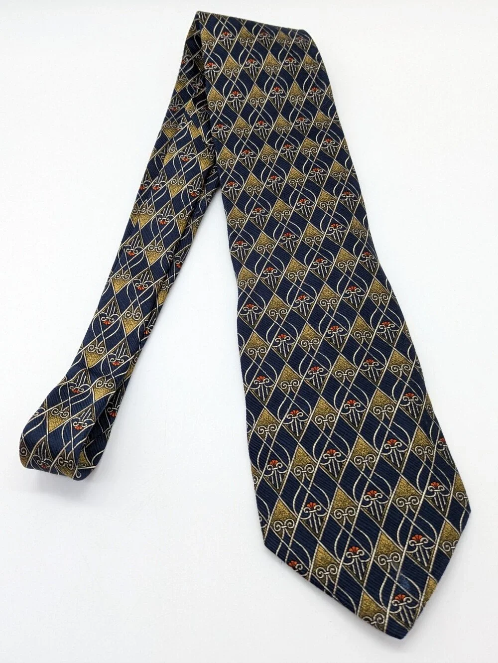 Vintage Paulo Visari Blue Cream Yellow Abstract Geometric Silk Tie